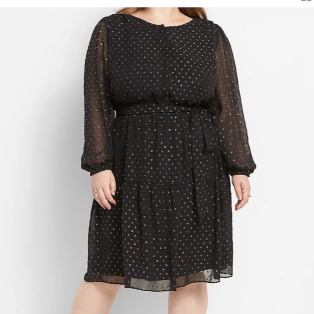 Lane Bryant Black Gold Swiss Dot Chiffon Long Sleeve Tie Waist Dress Size 28